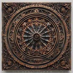 Naklejka premium An intricate, circular design featuring mandala floral and geometric patterns, crafted in a layered, three-dimensional style. The artwork showcases a blend of bronze and copper.
