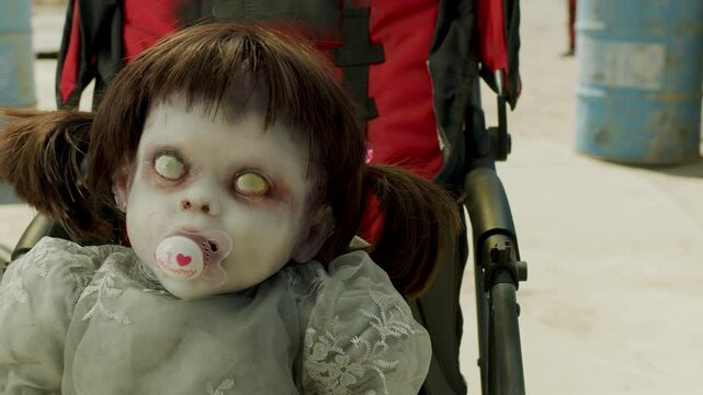 Epic dolly in on freaky looking doll - close up