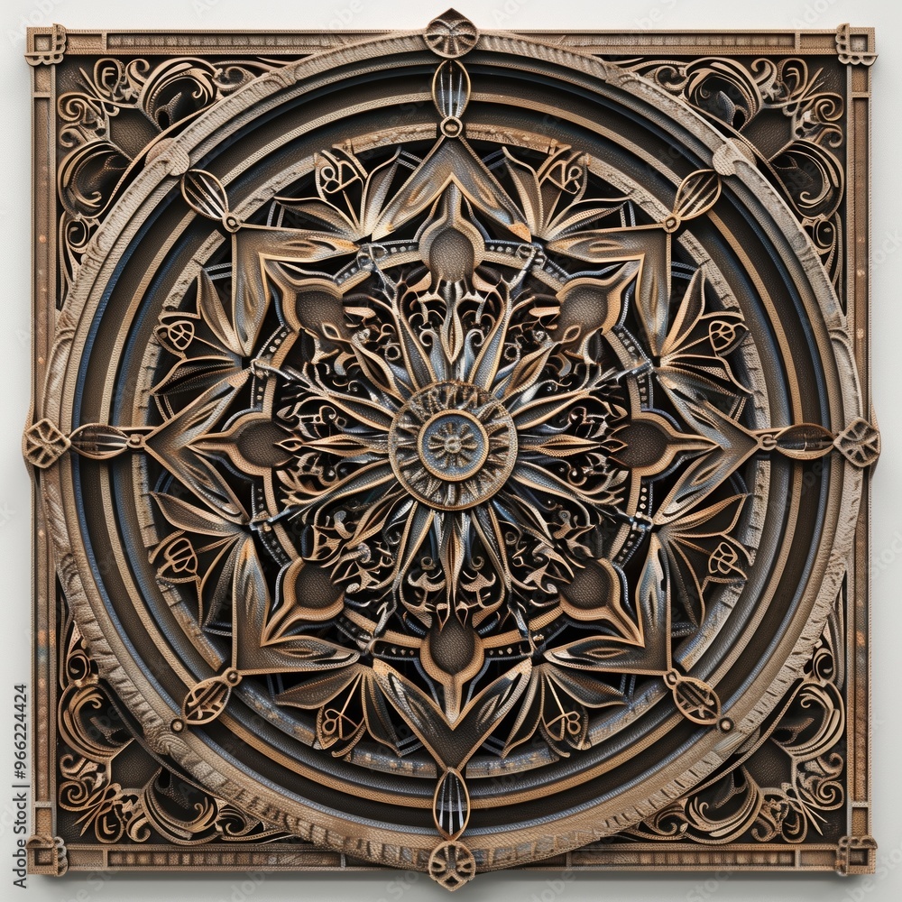 Poster intricate 3d mandala design featuring floral patterns and geometric shapes, with a bronze and gold c