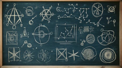 Fototapeta premium A set of hand-drawn symbols on a chalkboard, including mathematical and astrological signs, with a rustic, educational feel and a focus on creativity and learning.