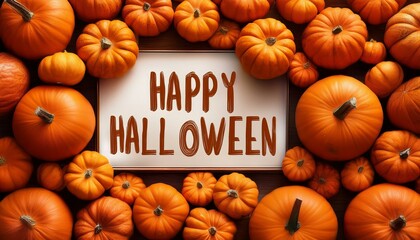 Festive Happy Halloween message with an array of vibrant orange pumpkins filling the frame, celebrating the spooky autumn season