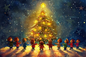 Christmas card illustration featuring a glowing Christmas tree surrounded by children singing carols