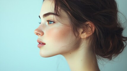 Fototapeta premium A side profile of a woman with delicate features, her hair elegantly tied back, showcasing her clear skin and graceful facial structure.
