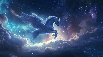 Fototapeta premium A celestial pegasus gracefully emerges from clouds beneath a starry sky at twilight
