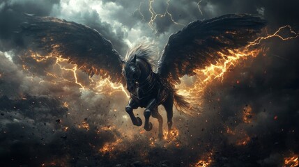 Fototapeta premium A battle-ready Pegasus with armor galloping through a thunderstorm