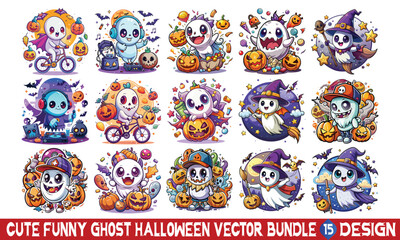 Naklejka premium Cute Funny Ghost Halloween Vector T-shirt Bundle, Halloween funny, Halloween elements, vector ghost.