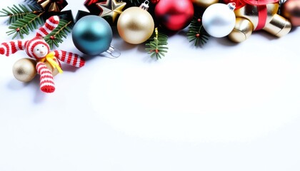Colorful Christmas Ornaments and Pine Branch Border on White Background