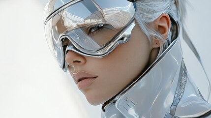 Futuristic character with silver and white attire.