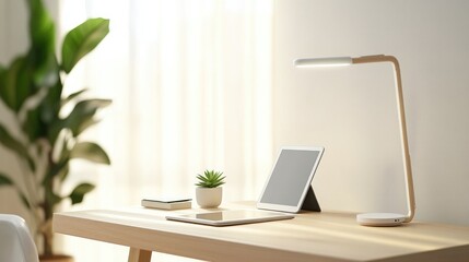 Fototapeta premium A simple, modern desk with a pale wood finish, featuring a minimalist desk lamp, a tablet, and a small succulent, arranged in a bright, contemporary office space.