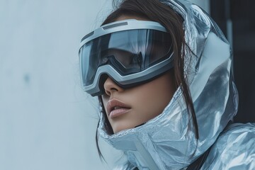 Person in advanced protective gear with metallic hood