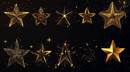 A collection of ten gold star cutouts with a sparkling effect, perfect for adding a touch of glamour to your digital designs. These stars can be used for creating festive backgrounds, holiday greeting