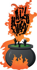 halloween poster with fire text above witch's vat, halloween party