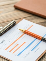A close-up shot of a clipboard with a business plan, a pen, and a graph. The pen is resting on the graph, suggesting a readiness to analyze and strategize. The graph symbolizes progress, growth, and f