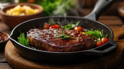 A sizzling hot skillet with a perfectly cooked steak, with juices and steam visibly rising, set on a rustic wooden table with sides and garnishes ready.