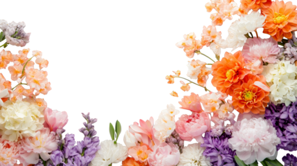 A vibrant floral arrangement featuring various colorful flowers creating a beautiful border effect for design projects.
