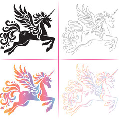 Silhouette of a Unicorn, Colorful Unicorn Silhouette, Unicorn Tracing and Outline