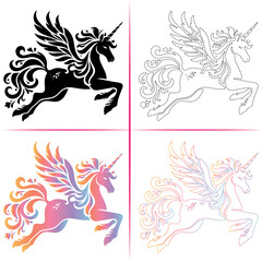 Silhouette of a Unicorn, Colorful Unicorn Silhouette, Unicorn Tracing and Outline