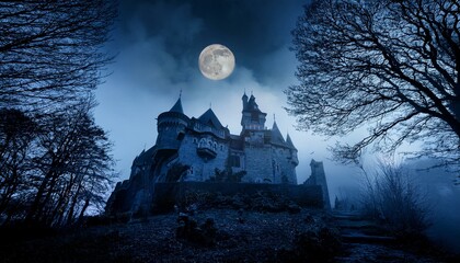 Gothic Haunted Castle at Night with Full Moon and Mist, Eerie Atmosphere, Spooky Medieval Architecture, Forest Setting, Halloween Theme
