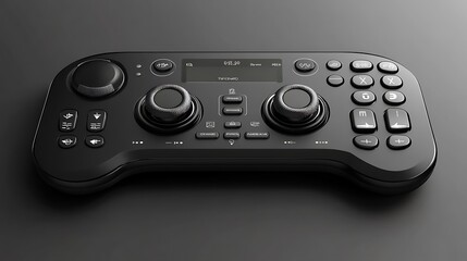 Black gaming controller with buttons, joysticks and a screen.