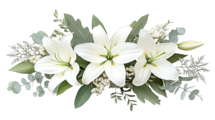 Elegant white lilies arranged with greenery for a serene floral display, perfect for weddings or peaceful decor.