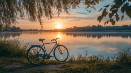 Obraz premium A serene scene of a bicycle parked by a lakeside at sunrise, with calm waters and early morning light creating a peaceful atmosphere.