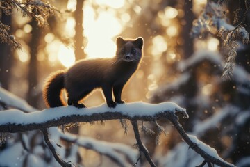 Obraz premium Sable on snowy branch in Siberian forest with sunlight filtering through trees