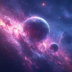 Obraz premium Blue and Pink Planet with Two Suns in Deep Space