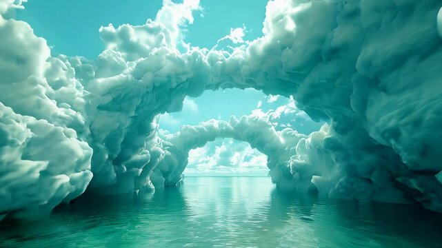 Unreal tunnel of greenish clouds over sea