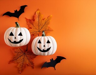 Halloween Jack O Lanterns with Carved Faces on Orange Background with Leaves and Bat Decoration for Festive Autumn Theme