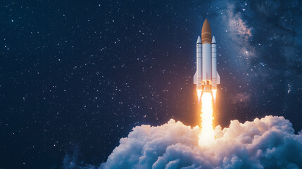 Galactic Takeoff: Rocket Launching with Fiery Flames, Representing Science and Technology in Space Exploration, Business Innovation, and Mission Adventures. photo