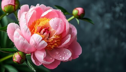 Elegant pink peony adorned with water droplets against a dark backdrop, capturing the essence of spring blooms and perfect for invitations and special occasions.