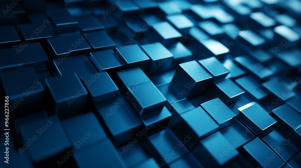 Poster a close-up shot of an abstract blue cube background. the image is in 3d and features a textured, met