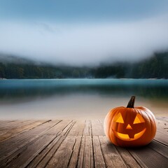 halloween pumpkin on beach with fog, lake seaside scene, horror concept with space for product placement