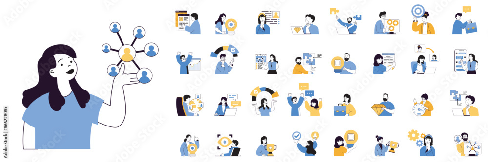 Poster Teamwork concept mega set with character scenes in flat design for web. Bundle situations with people working together at project, supporting colleagues, brainstorming new ideas. Vector illustrations.