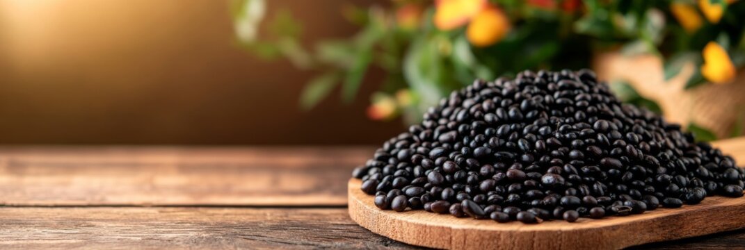 A close-up shot of black beans piled high on a rustic wooden cutting board. The beans are glossy and plump, with a rich dark color. The image is perfect for showcasing the health benefits of black bea