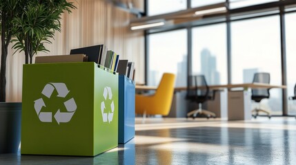 Eco-friendly office recycling bins promoting sustainability in a modern workspace
