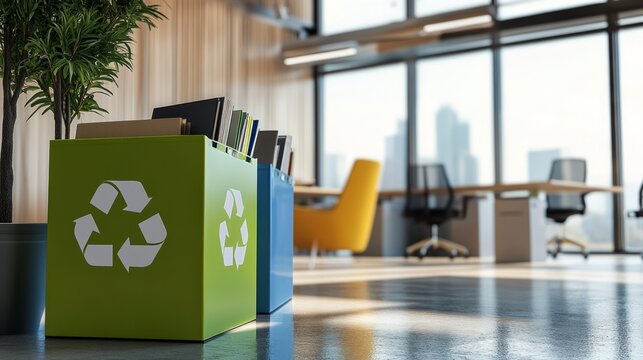 Eco-friendly office recycling bins promoting sustainability in a modern workspace