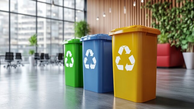 Colorful recycling bins in a modern office promoting sustainability and eco-friendly practices
