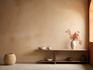 Wabi sabi and japandi japanese style rustic interior in in white, neutral and terracotta with wood, pottery and texture elements