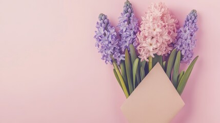 A delicate bouquet of purple and pink hyacinths are arranged in a pink envelope on a pink background. The flowers symbolize spring, new beginnings, and the beauty of nature. The pink envelope represen