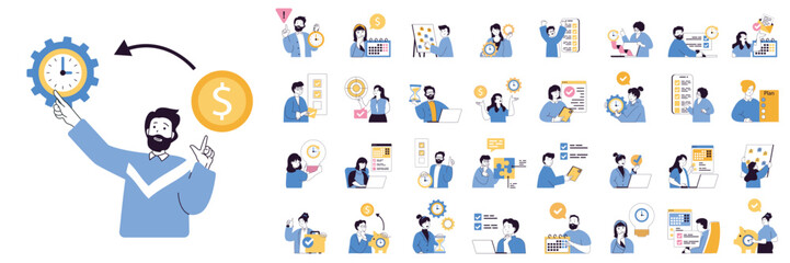 Time management concept mega set with character scenes in flat design for web. Bundle situations with people manage schedule with clock, plan tasks in calendar, work to deadline. Vector illustrations.