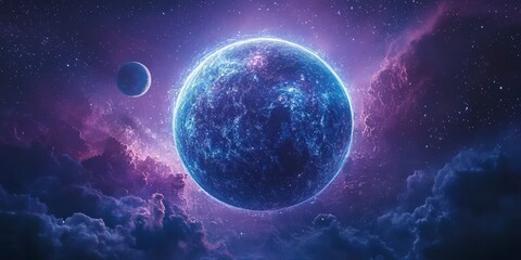 Obraz premium Blue and Pink Planet with Two Suns in Deep Space