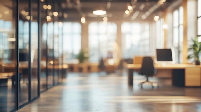 Bright office space with a modern design featuring a blurred perspective and natural lighting