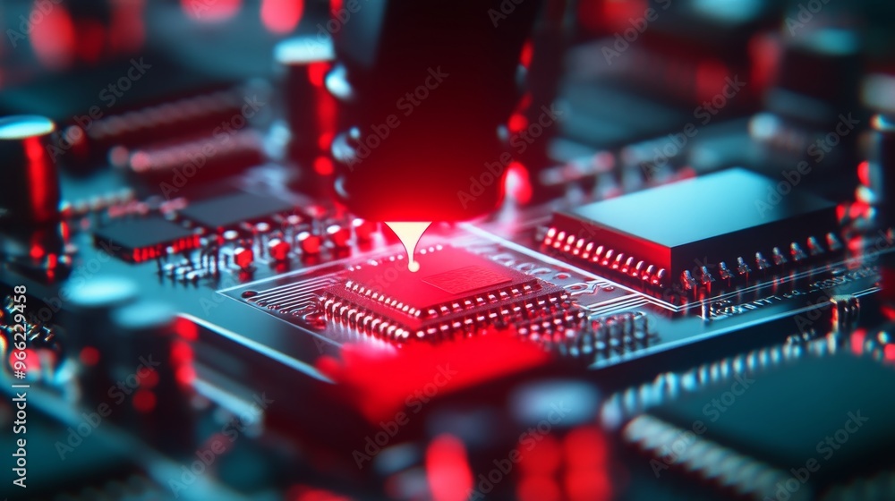 Aufkleber a close-up view of a semiconductor assembly line with a red light illuminating the process. this ima