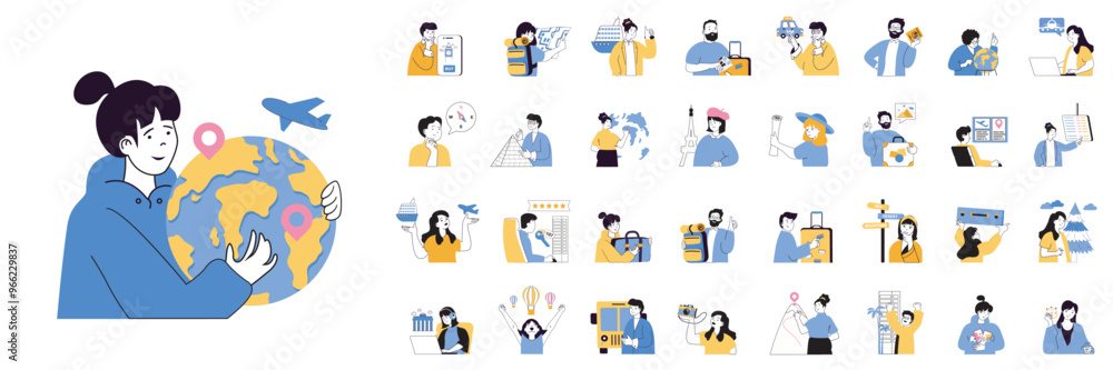 Poster travel concept mega set with character scenes in flat design for web. bundle situations with people 