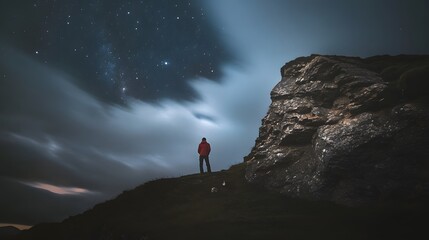 A man in red stands on a cliff, looking out at the night sky and the stars.