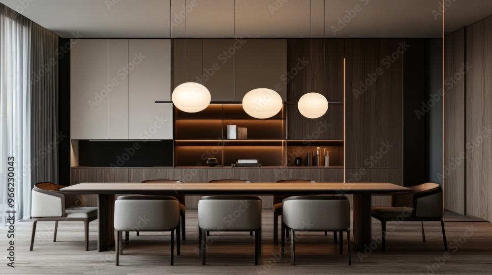 Poster a series of minimalist pendant lights with uniform, circular shades hanging in a row above a dining 