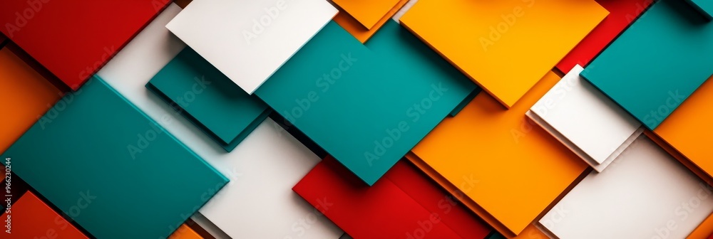 Poster a contemporary abstract background featuring a dynamic arrangement of squares in teal, white, orange
