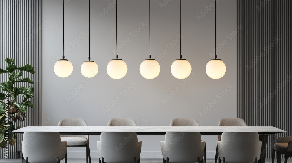 Poster a series of minimalist pendant lights with uniform, circular shades hanging in a row above a dining 