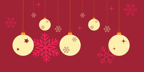 Christmas holiday banner with hanging balls, garlands, and stars. Festive greetings for the xmas season